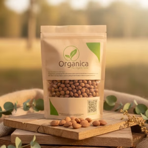 A packet of Organica The Organic Store premium apricot kernels sitting on rustic wooden planks in a sunlit natural setting, showcasing organic dry fruits from Pakistan.