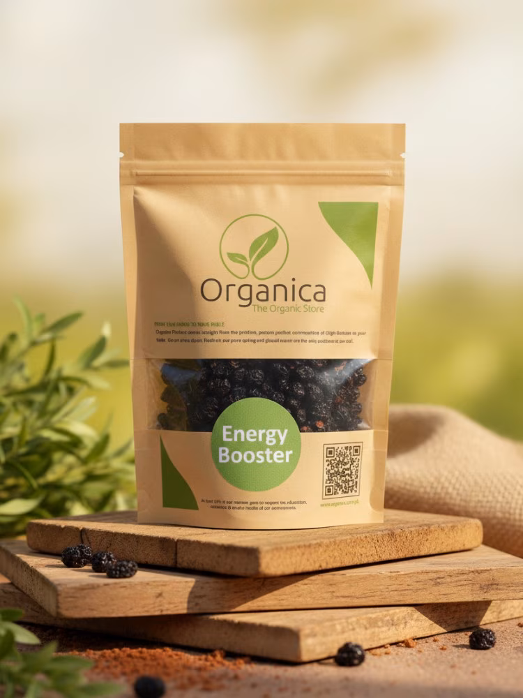 Premium Organic Dried Cherries – Sun-Dried, All-Natural Superfood Snack from Gilgit Baltistan Packet of Organica premium organic dried cherries displayed on rustic wooden platforms with a natural blurred forest background, showing the deep dark texture of sun-dried cherries visible through the clear packaging window.