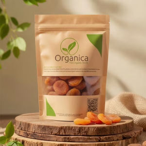 High-quality organic dried apricots in eco-friendly brown kraft packaging with a transparent window revealing plump golden-orange fruit, displayed on rustic stacked wooden slices surrounded by fresh green leaves and soft natural sunlight, branded Organica The Organic Store.