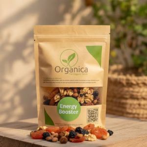 Organica Stress Buster organic mixed dry fruits pouch containing almonds, walnuts, and pistachios on a rustic wooden platform with nature bokeh background for healthy snacking branding.