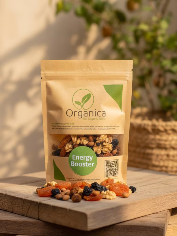 Organica-Stress-Buster-Premium-Mixed-Dry-Fruits Organica Stress Buster organic mixed dry fruits pouch containing almonds, walnuts, and pistachios on a rustic wooden platform with nature bokeh background for healthy snacking branding.