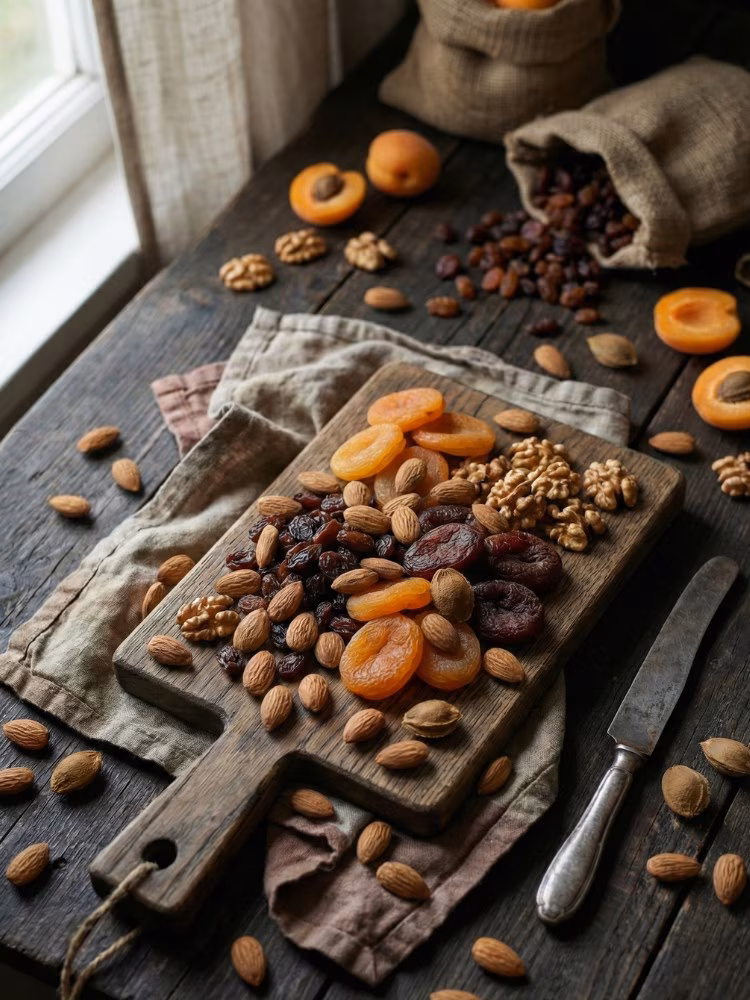 organica-organic-mix-trail-secondary Assorted organic nuts and dried fruits including almonds, walnuts, dried apricots and berries arranged on wooden serving boards with linen cloth