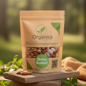 rganica Royal Mix stand-up pouch containing premium mixed dry fruits and nuts placed on a rustic wooden platform. Packaging shows organic almonds, walnuts, pistachios, and cashews through a transparent window with a green 'Stress Buster' label. Blurred natural outdoor background representing organic freshness from Gilgit Baltistan.