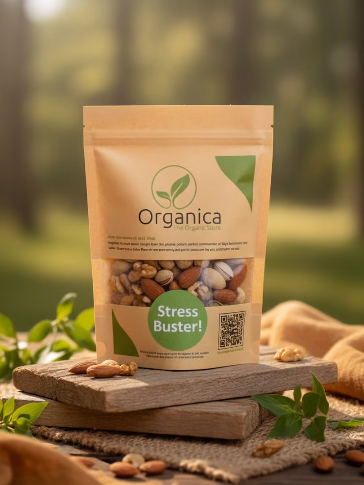 Organica-Royal-Mix–Premium-Organic-Dry-Fruits-&-Mixed-Nuts- rganica Royal Mix stand-up pouch containing premium mixed dry fruits and nuts placed on a rustic wooden platform. Packaging shows organic almonds, walnuts, pistachios, and cashews through a transparent window with a green 'Stress Buster' label. Blurred natural outdoor background representing organic freshness from Gilgit Baltistan.