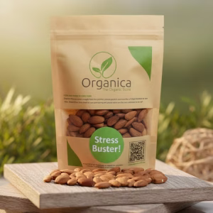 Organica premium plain almonds pouch labeled Stress Buster placed on wooden platform with loose fresh badam scattered around – organic dry fruits Pakistan.