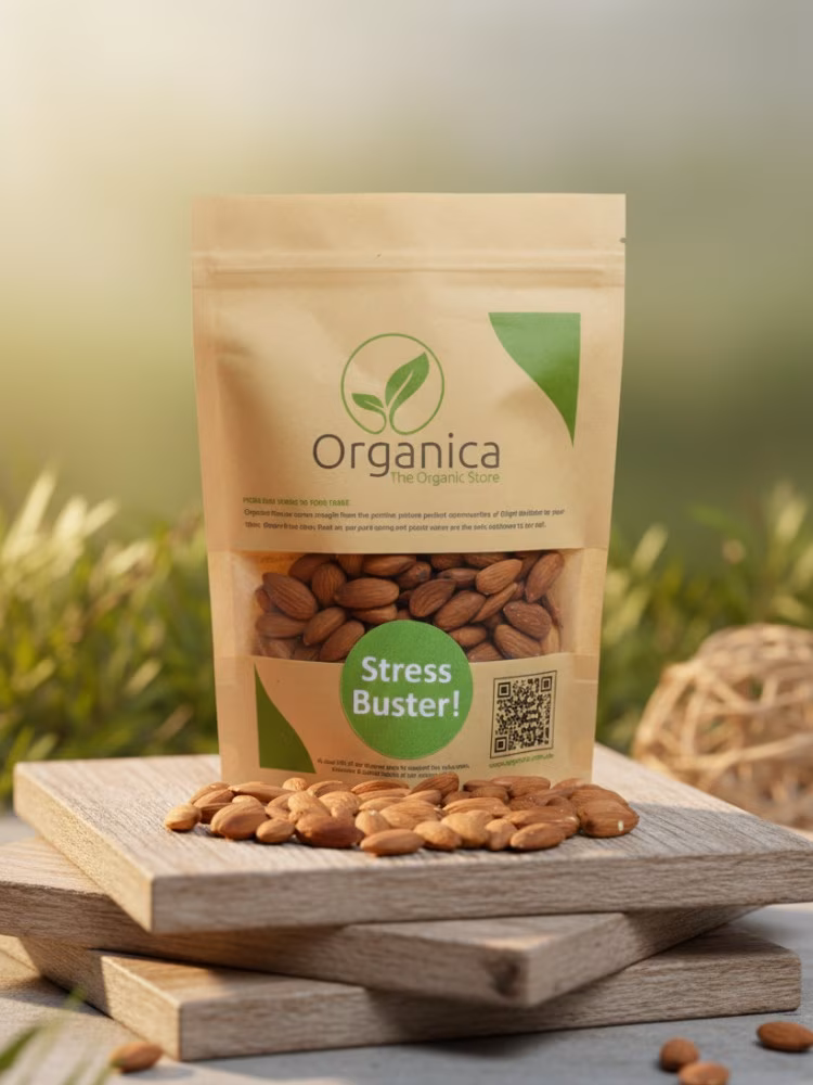 organica-premium-organic-almonds-dry-fruit-packaging-rustic-wood-display Organica premium plain almonds pouch labeled Stress Buster placed on wooden platform with loose fresh badam scattered around – organic dry fruits Pakistan.