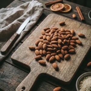 Organica The Organic Store kraft paper pouch containing premium baked almonds labeled 'Stress Buster', displayed on natural stacked wooden platforms with a soft, sunlit organic background."
