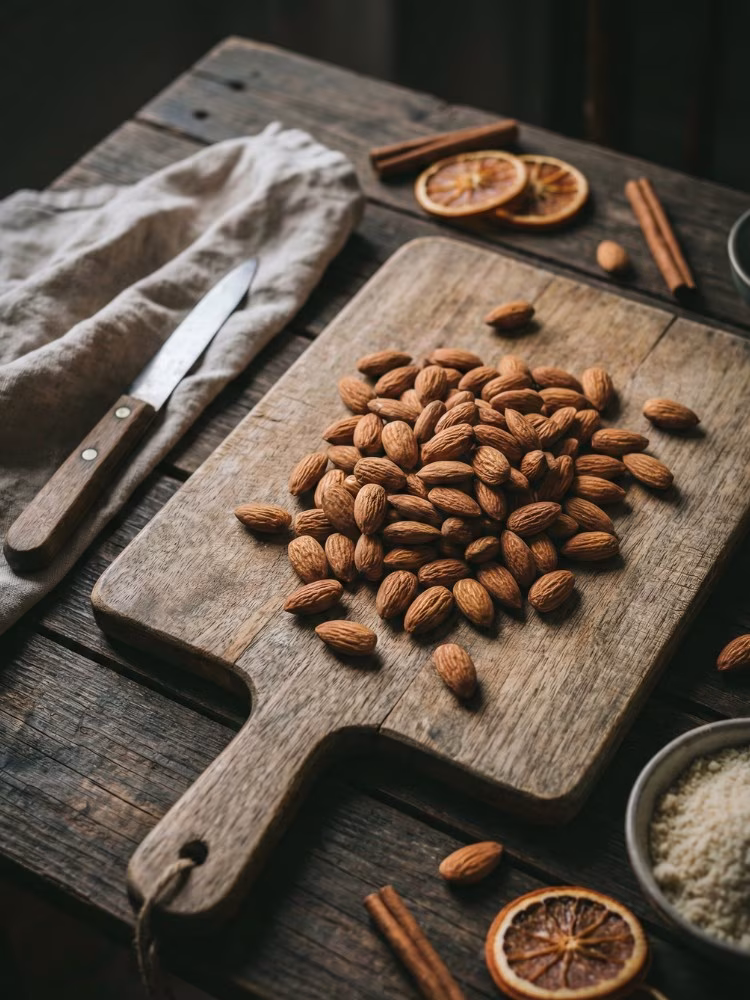 organica-plain-almonds-secondary Organica The Organic Store kraft paper pouch containing premium baked almonds labeled 'Stress Buster', displayed on natural stacked wooden platforms with a soft, sunlit organic background."