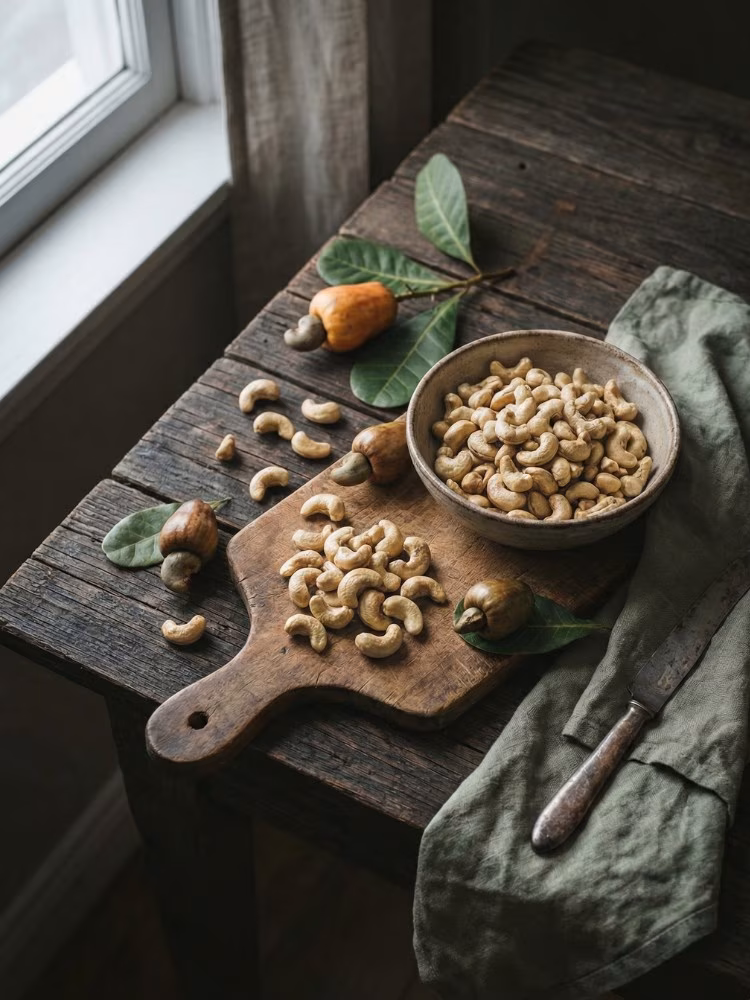 organica-plain-cashews-secondary A stand-up kraft paper pouch of Organica The Organic Store Premium Cashew Nuts labeled "Stress Buster," placed on a rustic wooden platform. Loose, golden-brown cashew nuts are scattered on the wood in the foreground. The background features soft, natural daylight with blurred green foliage, highlighting the organic and fresh quality of the dry fruits.