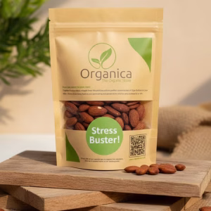 Organica Premium Roasted Almonds brown paper pouch standing centrally on stacked rustic wooden boards. The packaging features a green leaf logo and prominent "Stress Buster!" text. Fresh, crunchy baked almonds are scattered on the wood surface, illuminated by warm, natural sunlight with a blurred organic green background