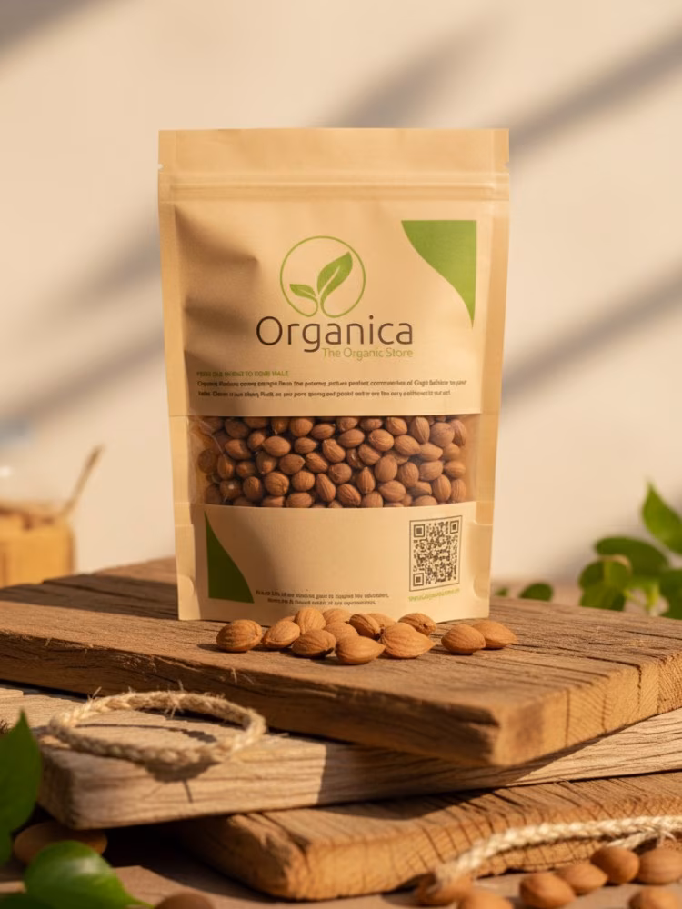 Organica Premium Organic Apricot Kernels – Authentic Gilgit Baltistan Dry Fruit A packet of Organica The Organic Store premium apricot kernels sitting on rustic wooden planks in a sunlit natural setting, showcasing organic dry fruits from Pakistan.