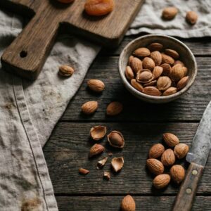Experience the essence of nature with this hyper-realistic commercial product photography for Organica - The Organic Store. This image features premium organic apricot kernels (Khubani Giri) packaged in an eco-friendly kraft stand-up pouch with a clear window showcasing the fresh, raw produce inside. Placed on stacked, weathered wooden platforms and bathed in warm, diffused sunlight, the composition highlights the natural quality of these Gilgit Baltistan sourced dry fruits. The soft, organic background and creamy bokeh emphasize freshness, making this the perfect visual representation for healthy snacks, organic food brands, and sustainable packaging designs in Pakistan.