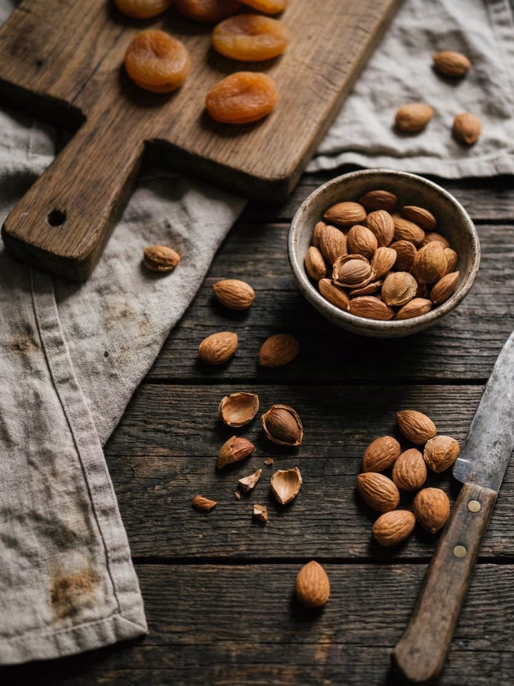 organica-roasted-apricot-kernals-secondary Experience the essence of nature with this hyper-realistic commercial product photography for Organica - The Organic Store. This image features premium organic apricot kernels (Khubani Giri) packaged in an eco-friendly kraft stand-up pouch with a clear window showcasing the fresh, raw produce inside. Placed on stacked, weathered wooden platforms and bathed in warm, diffused sunlight, the composition highlights the natural quality of these Gilgit Baltistan sourced dry fruits. The soft, organic background and creamy bokeh emphasize freshness, making this the perfect visual representation for healthy snacks, organic food brands, and sustainable packaging designs in Pakistan.