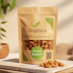 Packet of Organica Premium Roasted Cashews standing on a wooden platform with loose golden roasted kaju scattered in front, set against a warm natural background