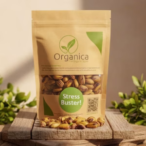 Packet of Organica premium organic pistachios dry fruits in eco-friendly packaging on a wooden surface, healthy stress buster snack photography.