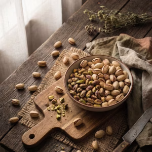 Packet of Organica premium organic pistachios dry fruits in eco-friendly packaging on a wooden surface, healthy stress buster snack photography.