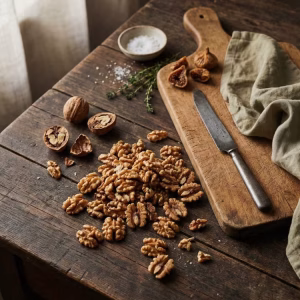 Organica The Organic Store premium walnut kernels (Akhrot Giri) packaging standing on a rustic wooden platform, surrounded by scattered shelled walnuts and soft green leaves in warm sunligh
