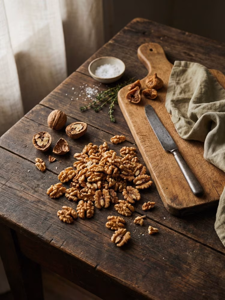 buy-organic-walnuts-pakistan-organica-store Organica The Organic Store premium walnut kernels (Akhrot Giri) packaging standing on a rustic wooden platform, surrounded by scattered shelled walnuts and soft green leaves in warm sunligh