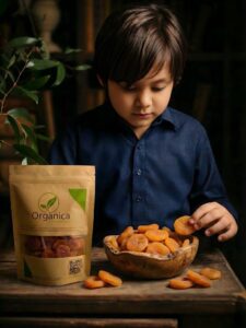 Young boy picking a premium sun-dried apricot from a wooden bowl next to an Organica branded pouch
